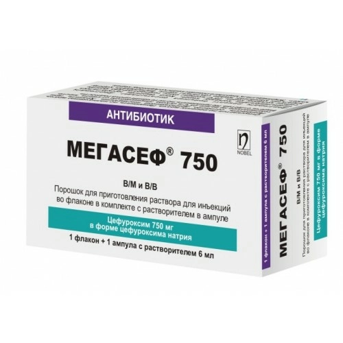 Мегасеф 750 мг цефуроксим 1 флакон + 1 ампула 6 мл
